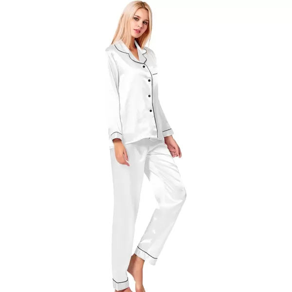 SWOMOG Womens Silk Satin Pajamas Loungewear Twopiece Sleepwear ButtonDown Pj SetWhite