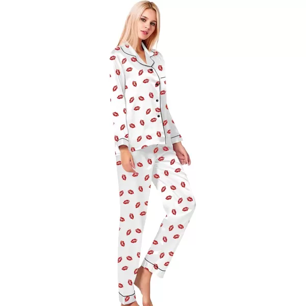 SWOMOG Womens Silk Satin Pajamas Loungewear Twopiece Sleepwear ButtonDown Pj SetWhite Kiss