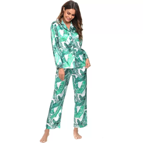 SWOMOG Womens Silk Satin Pajamas Loungewear Twopiece Sleepwear ButtonDown Pj SetWhite Leaves