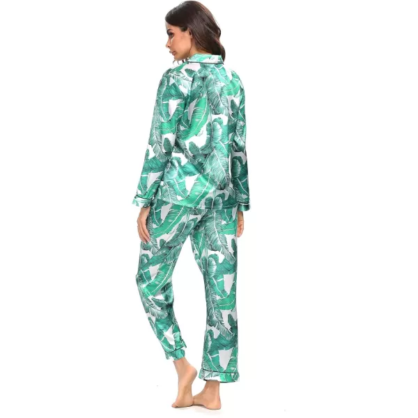 SWOMOG Womens Silk Satin Pajamas Loungewear Twopiece Sleepwear ButtonDown Pj SetWhite Leaves