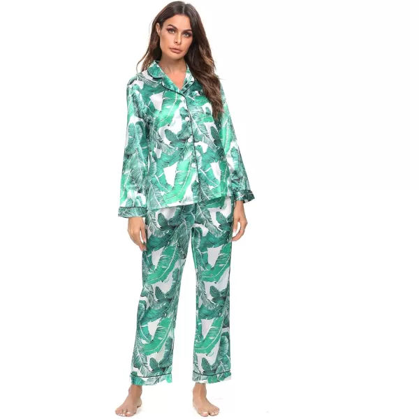 SWOMOG Womens Silk Satin Pajamas Loungewear Twopiece Sleepwear ButtonDown Pj SetWhite Leaves