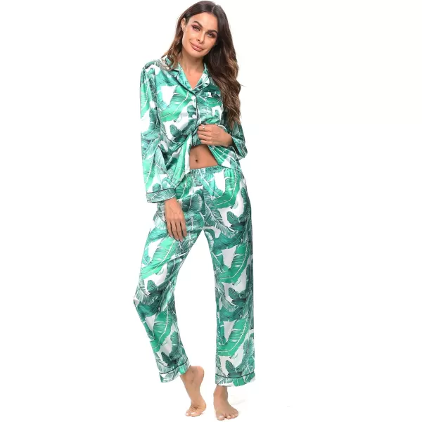 SWOMOG Womens Silk Satin Pajamas Loungewear Twopiece Sleepwear ButtonDown Pj SetWhite Leaves