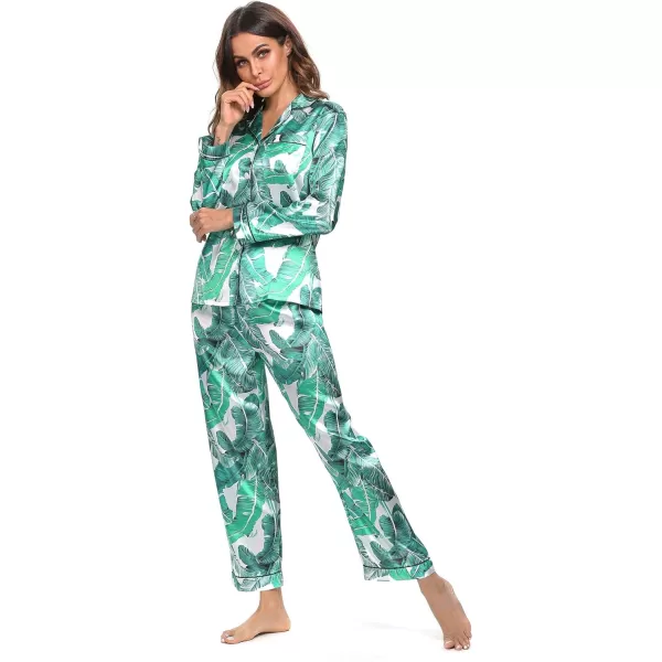 SWOMOG Womens Silk Satin Pajamas Loungewear Twopiece Sleepwear ButtonDown Pj SetWhite Leaves