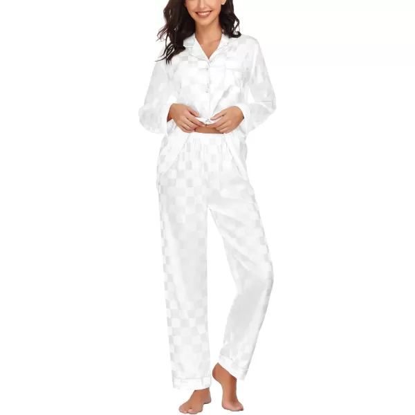 SWOMOG Womens Silk Satin Pajamas Loungewear Twopiece Sleepwear ButtonDown Pj SetWhite Plaid