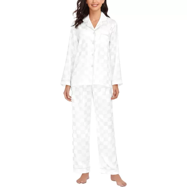 SWOMOG Womens Silk Satin Pajamas Loungewear Twopiece Sleepwear ButtonDown Pj SetWhite Plaid