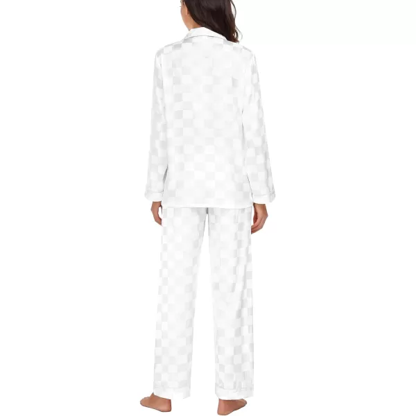 SWOMOG Womens Silk Satin Pajamas Loungewear Twopiece Sleepwear ButtonDown Pj SetWhite Plaid