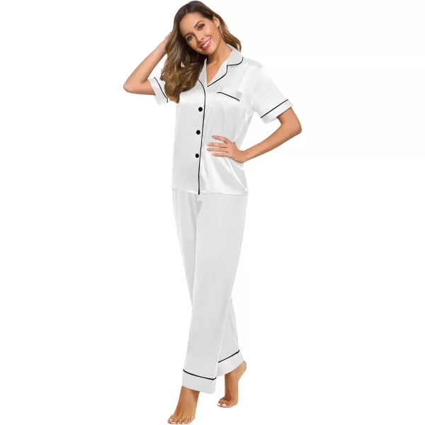 SWOMOG Womens Silk Satin Pajamas Loungewear Twopiece Sleepwear ButtonDown Pj SetWhite16