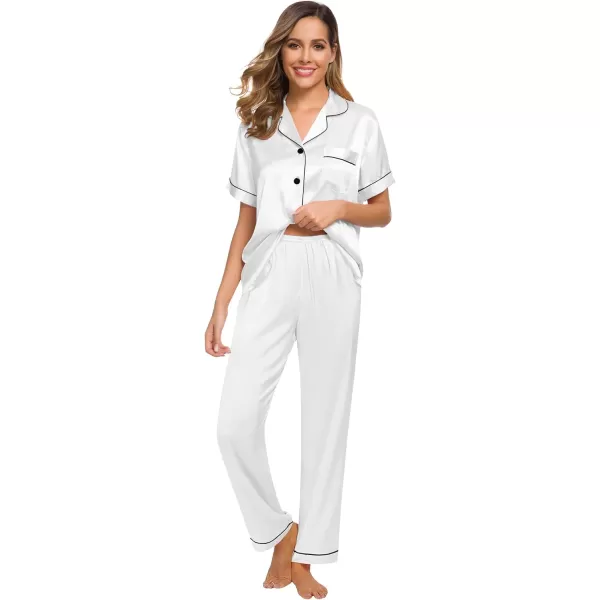 SWOMOG Womens Silk Satin Pajamas Loungewear Twopiece Sleepwear ButtonDown Pj SetWhite16