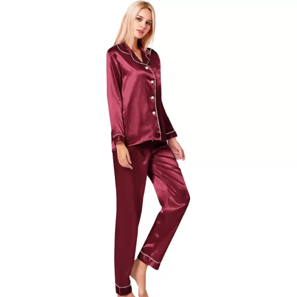 SWOMOG Womens Silk Satin Pajamas Loungewear Twopiece Sleepwear ButtonDown Pj SetWine Red