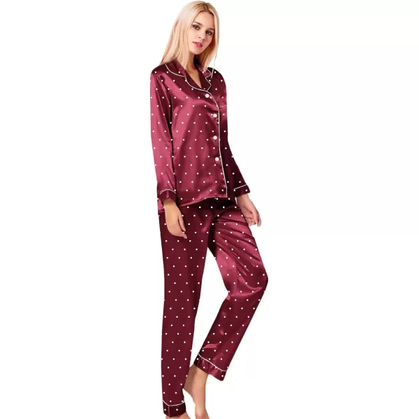 SWOMOG Womens Silk Satin Pajamas Loungewear Twopiece Sleepwear ButtonDown Pj SetWine Red Dots