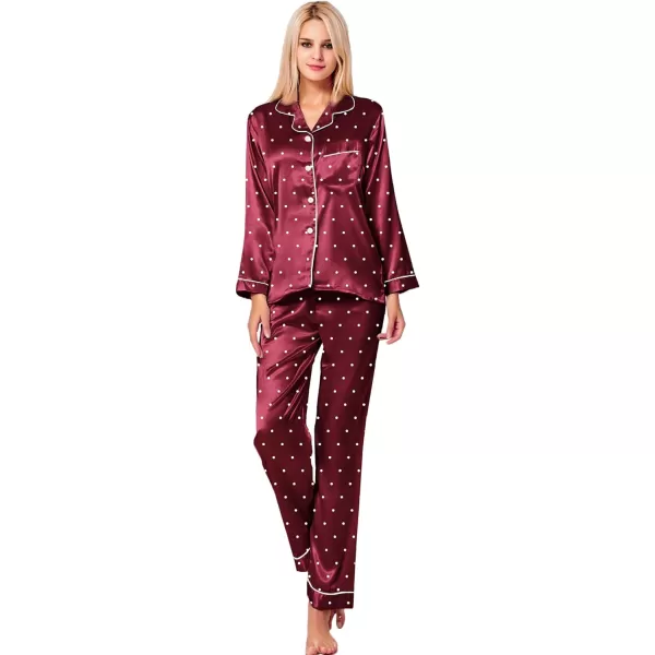 SWOMOG Womens Silk Satin Pajamas Loungewear Twopiece Sleepwear ButtonDown Pj SetWine Red Dots