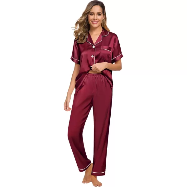 SWOMOG Womens Silk Satin Pajamas Loungewear Twopiece Sleepwear ButtonDown Pj SetWine Red16