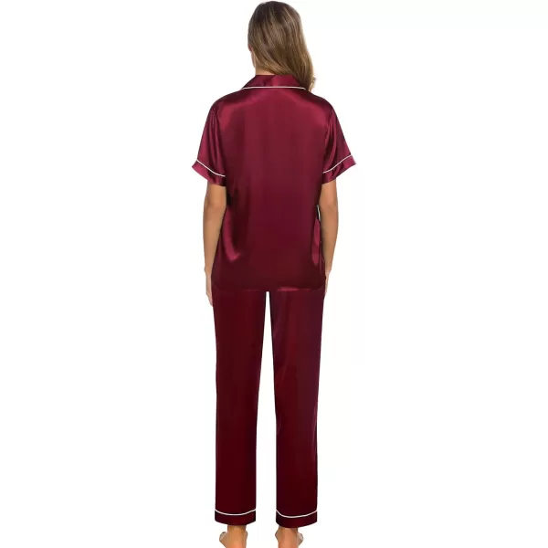 SWOMOG Womens Silk Satin Pajamas Loungewear Twopiece Sleepwear ButtonDown Pj SetWine Red16