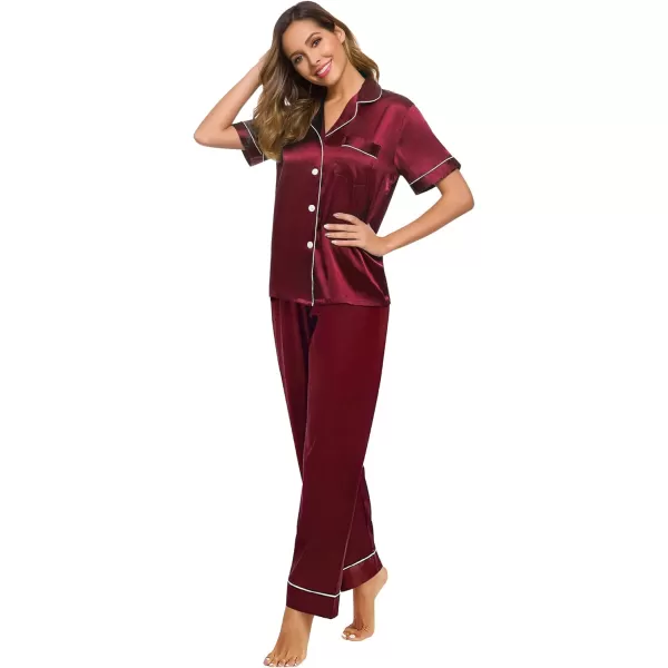 SWOMOG Womens Silk Satin Pajamas Loungewear Twopiece Sleepwear ButtonDown Pj SetWine Red16