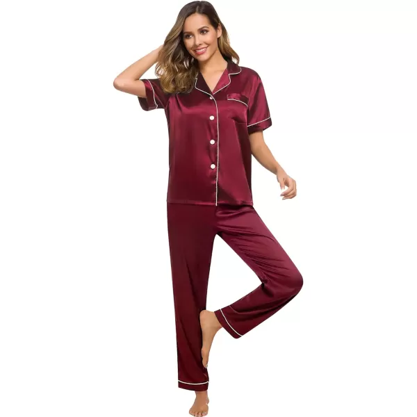 SWOMOG Womens Silk Satin Pajamas Loungewear Twopiece Sleepwear ButtonDown Pj SetWine Red16