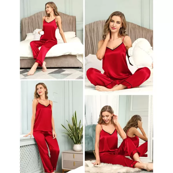 SWOMOG Womens Silk Satin Pajamas Set 2 Pcs Pj Sets Bridesmaid Pjs Cami Top and Pants Sleepwear1red