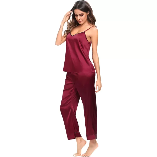 SWOMOG Womens Silk Satin Pajamas Set 2 Pcs Pj Sets Bridesmaid Pjs Cami Top and Pants Sleepwear1wine Red