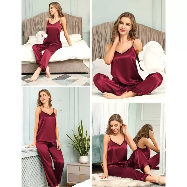 SWOMOG Womens Silk Satin Pajamas Set 2 Pcs Pj Sets Bridesmaid Pjs Cami Top and Pants Sleepwear1wine Red