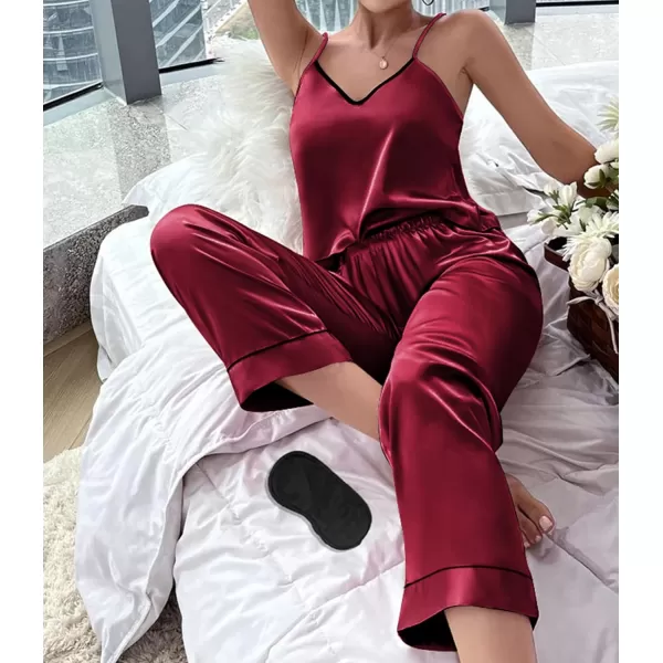 SWOMOG Womens Silk Satin Pajamas Set 2 Pcs Pj Sets Bridesmaid Pjs Cami Top and Pants Sleepwear1wine Red