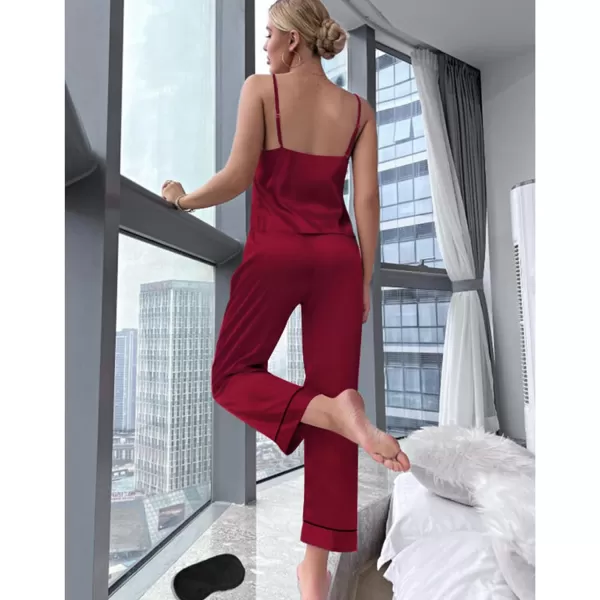 SWOMOG Womens Silk Satin Pajamas Set 2 Pcs Pj Sets Bridesmaid Pjs Cami Top and Pants Sleepwear1wine Red