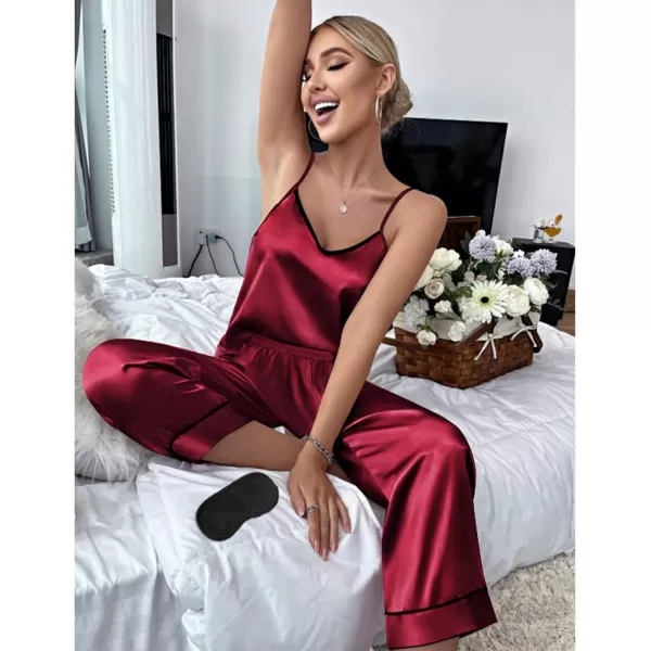 SWOMOG Womens Silk Satin Pajamas Set 2 Pcs Pj Sets Bridesmaid Pjs Cami Top and Pants Sleepwear1wine Red