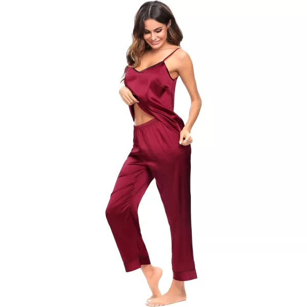 SWOMOG Womens Silk Satin Pajamas Set 2 Pcs Pj Sets Bridesmaid Pjs Cami Top and Pants Sleepwear1wine Red