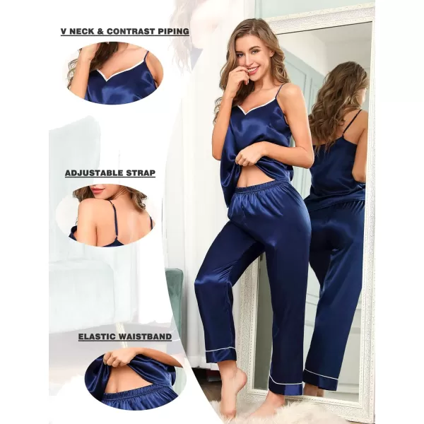 SWOMOG Womens Silk Satin Pajamas Set 2 Pcs Pj Sets Bridesmaid Pjs Cami Top and Pants SleepwearNavy Blue