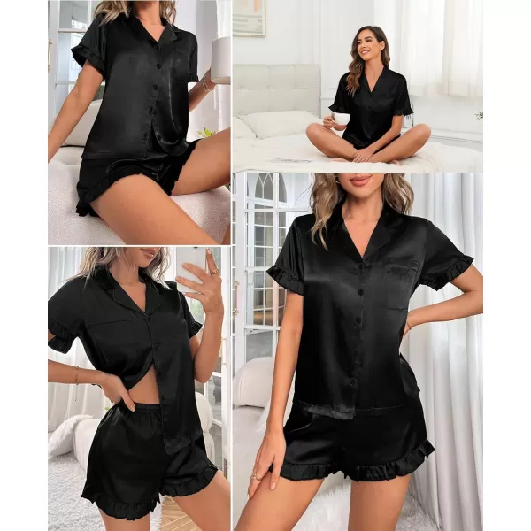 SWOMOG Womens Silk Satin Pajamas Set 2 Piece Ruffle Pjs Shorts Sets Button Down Sleepwear Notch Collar Bride LoungewearBlack