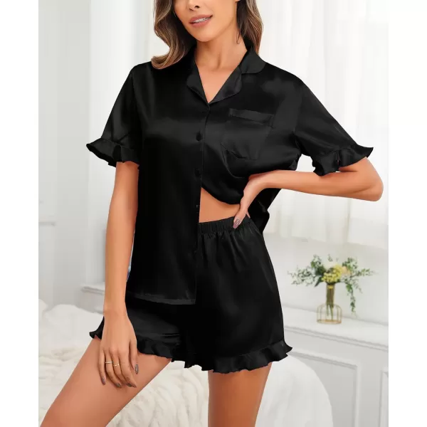 SWOMOG Womens Silk Satin Pajamas Set 2 Piece Ruffle Pjs Shorts Sets Button Down Sleepwear Notch Collar Bride LoungewearBlack