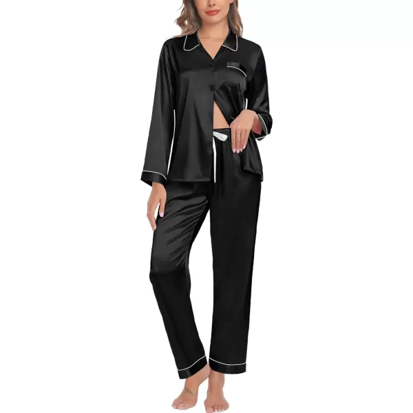 SWOMOG Womens Silk Satin Pajamas Set Long Sleeve Button Down Sleepwear TwoPiece Loungewear Bridesmaid PJ SetsBlack Gray