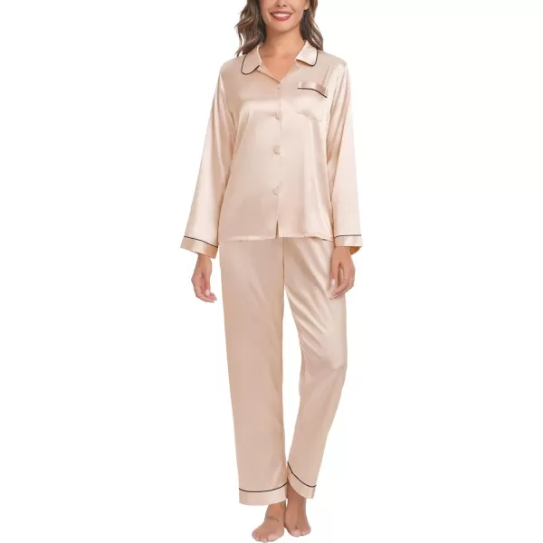 SWOMOG Womens Silk Satin Pajamas Set Long Sleeve Button Down Sleepwear TwoPiece Loungewear Bridesmaid PJ SetsChampagne