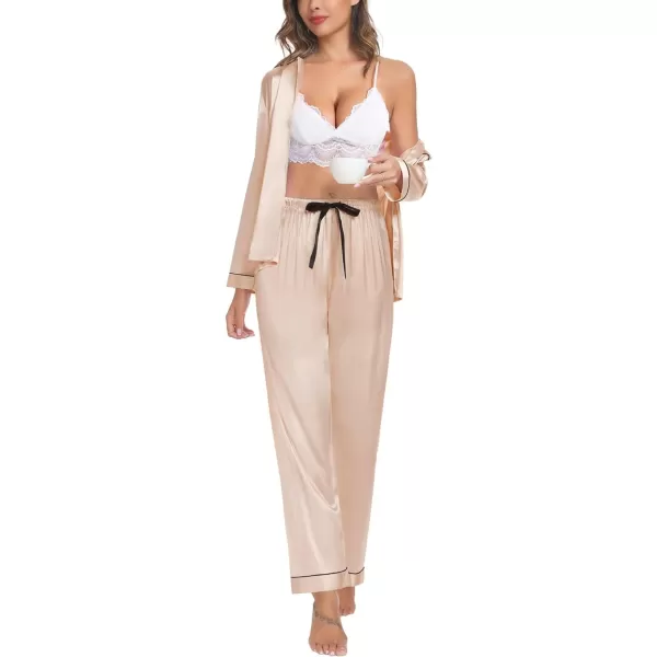 SWOMOG Womens Silk Satin Pajamas Set Long Sleeve Button Down Sleepwear TwoPiece Loungewear Bridesmaid PJ SetsChampagne