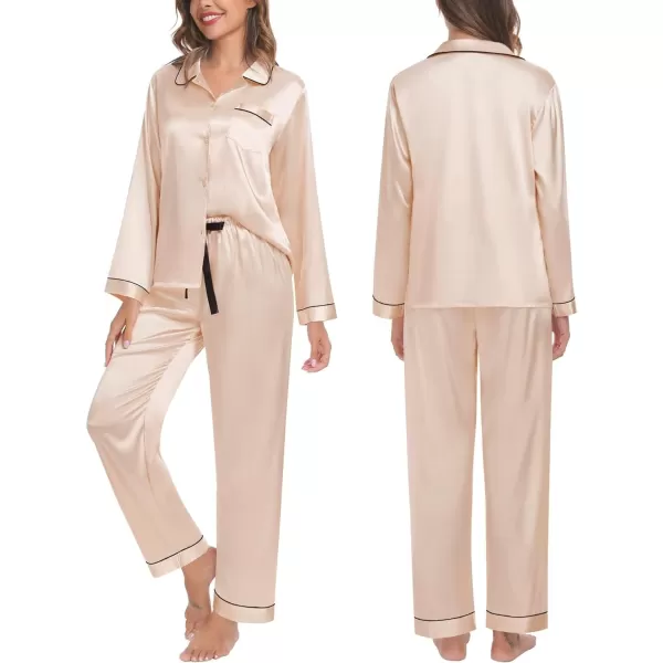 SWOMOG Womens Silk Satin Pajamas Set Long Sleeve Button Down Sleepwear TwoPiece Loungewear Bridesmaid PJ SetsChampagne