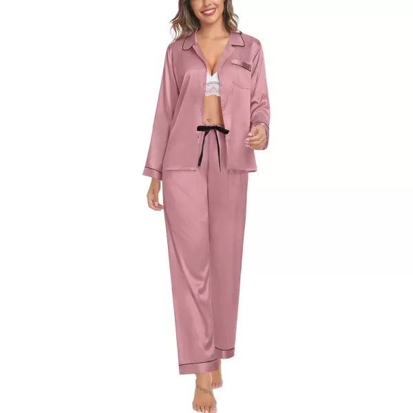 SWOMOG Womens Silk Satin Pajamas Set Long Sleeve Button Down Sleepwear TwoPiece Loungewear Bridesmaid PJ SetsMisty Rose