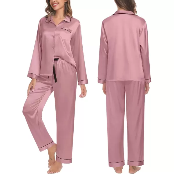 SWOMOG Womens Silk Satin Pajamas Set Long Sleeve Button Down Sleepwear TwoPiece Loungewear Bridesmaid PJ SetsMisty Rose