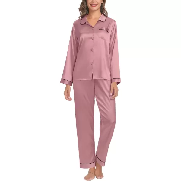 SWOMOG Womens Silk Satin Pajamas Set Long Sleeve Button Down Sleepwear TwoPiece Loungewear Bridesmaid PJ SetsMisty Rose