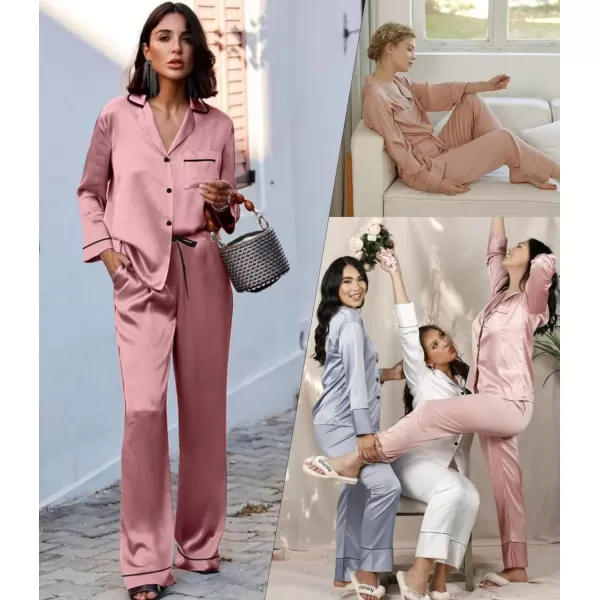 SWOMOG Womens Silk Satin Pajamas Set Long Sleeve Button Down Sleepwear TwoPiece Loungewear Bridesmaid PJ SetsMisty Rose