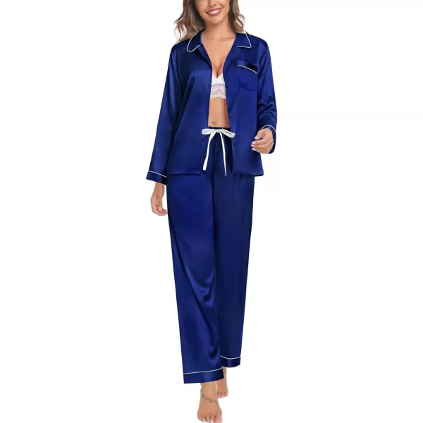 SWOMOG Womens Silk Satin Pajamas Set Long Sleeve Button Down Sleepwear TwoPiece Loungewear Bridesmaid PJ SetsNavy Blue