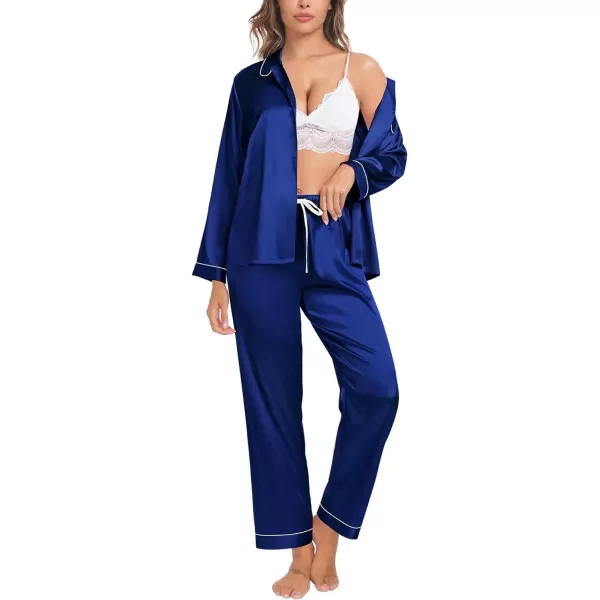 SWOMOG Womens Silk Satin Pajamas Set Long Sleeve Button Down Sleepwear TwoPiece Loungewear Bridesmaid PJ SetsNavy Blue