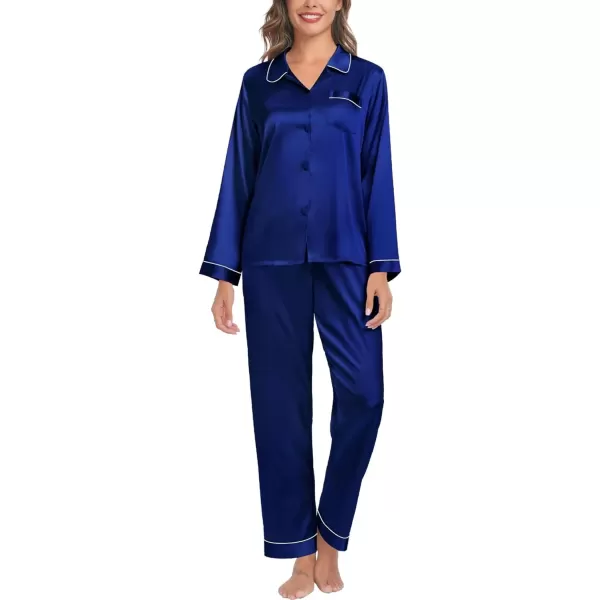 SWOMOG Womens Silk Satin Pajamas Set Long Sleeve Button Down Sleepwear TwoPiece Loungewear Bridesmaid PJ SetsNavy Blue