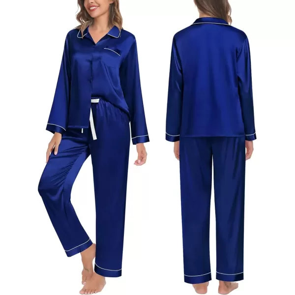 SWOMOG Womens Silk Satin Pajamas Set Long Sleeve Button Down Sleepwear TwoPiece Loungewear Bridesmaid PJ SetsNavy Blue