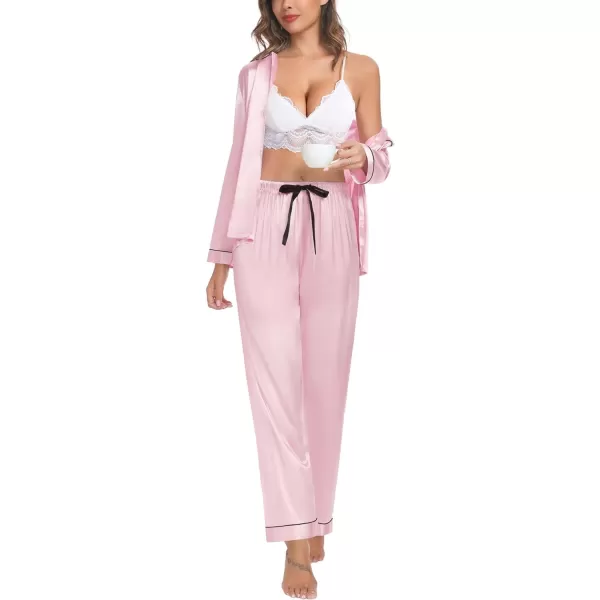 SWOMOG Womens Silk Satin Pajamas Set Long Sleeve Button Down Sleepwear TwoPiece Loungewear Bridesmaid PJ SetsPink