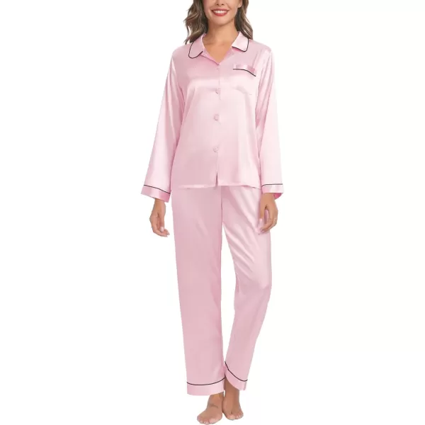 SWOMOG Womens Silk Satin Pajamas Set Long Sleeve Button Down Sleepwear TwoPiece Loungewear Bridesmaid PJ SetsPink