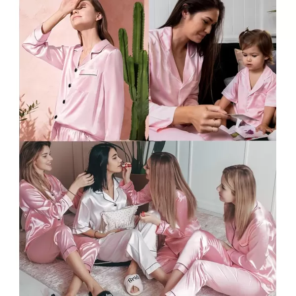 SWOMOG Womens Silk Satin Pajamas Set Long Sleeve Button Down Sleepwear TwoPiece Loungewear Bridesmaid PJ SetsPink