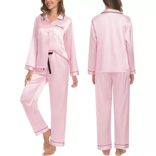 SWOMOG Womens Silk Satin Pajamas Set Long Sleeve Button Down Sleepwear TwoPiece Loungewear Bridesmaid PJ SetsPink