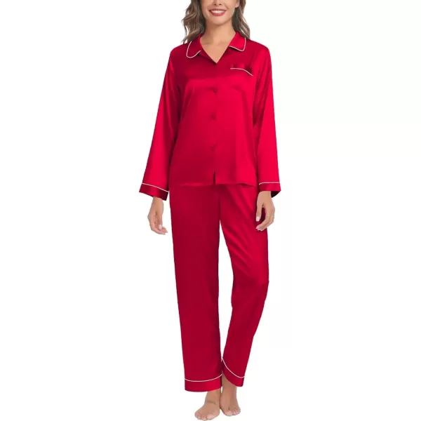 SWOMOG Womens Silk Satin Pajamas Set Long Sleeve Button Down Sleepwear TwoPiece Loungewear Bridesmaid PJ SetsRed