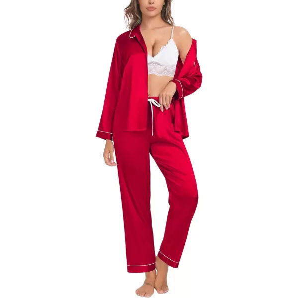 SWOMOG Womens Silk Satin Pajamas Set Long Sleeve Button Down Sleepwear TwoPiece Loungewear Bridesmaid PJ SetsRed