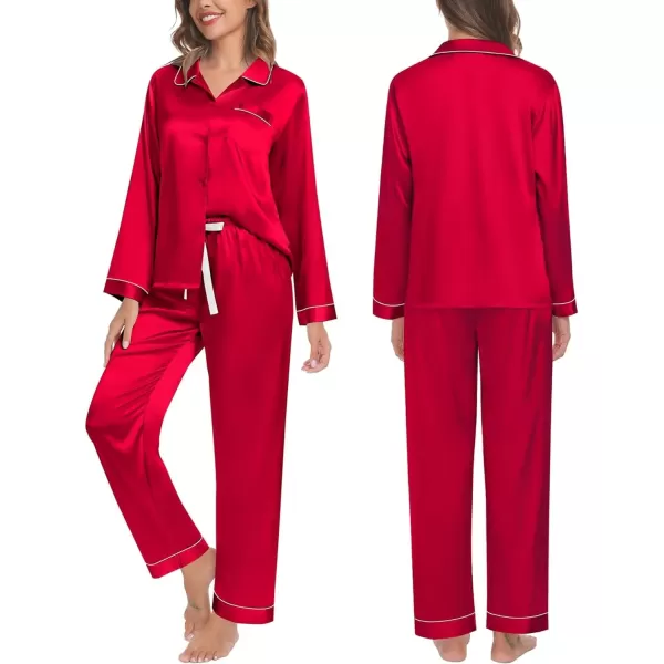 SWOMOG Womens Silk Satin Pajamas Set Long Sleeve Button Down Sleepwear TwoPiece Loungewear Bridesmaid PJ SetsRed