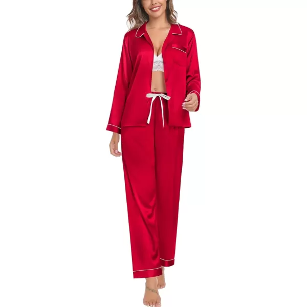 SWOMOG Womens Silk Satin Pajamas Set Long Sleeve Button Down Sleepwear TwoPiece Loungewear Bridesmaid PJ SetsRed