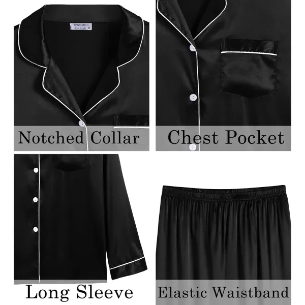 SWOMOG Womens Silk Satin Pajamas Set Long Sleeve Loungewear Twopiece Sleepwear ButtonDown Pj SetBlack